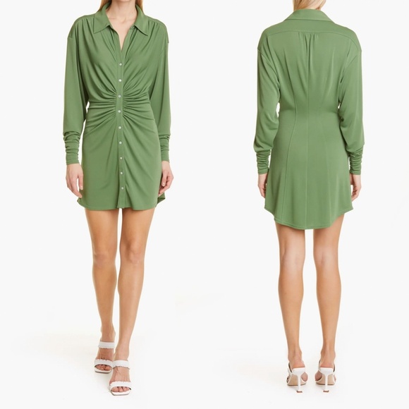 Cinq A Sept | Arden Ruched Long Sleeve Rippled Shirt Dress In Green | Size S - Picture 2 of 13